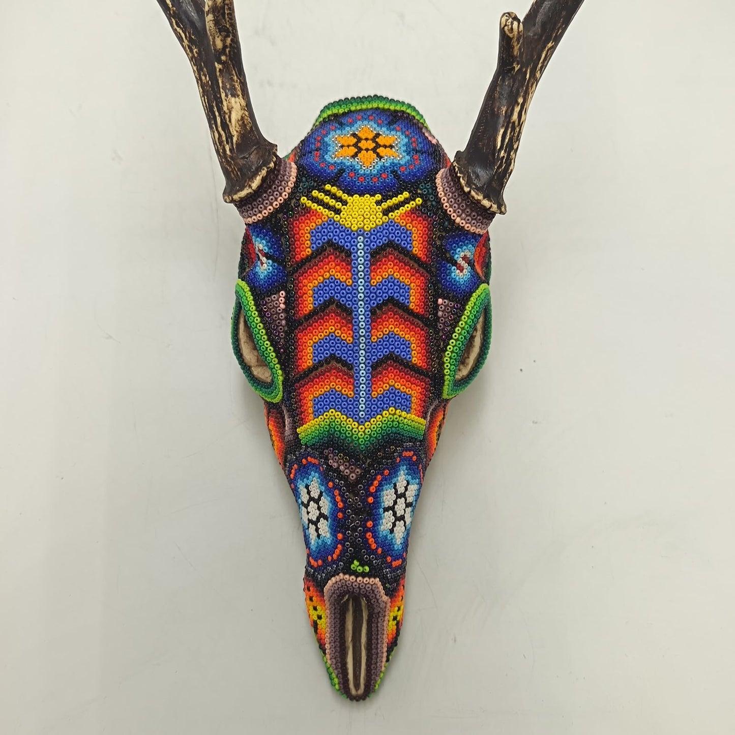 Huichol Hand Beaded Cast Resin Deer Skull By Honorio Villa Lopez PP9266