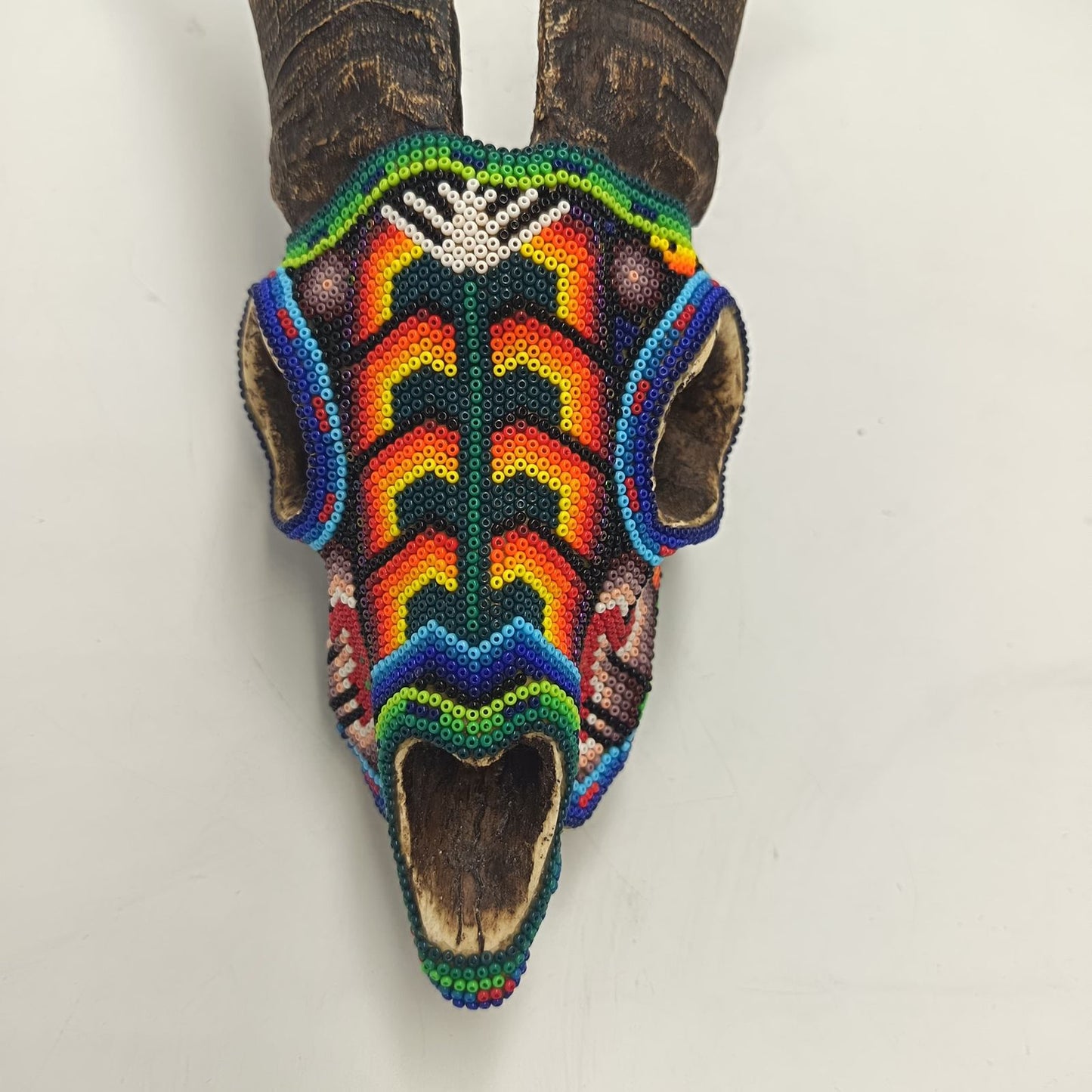 Huichol Hand Beaded Cast Resin Goat Skull By Honorio Villa Lopez PP9267