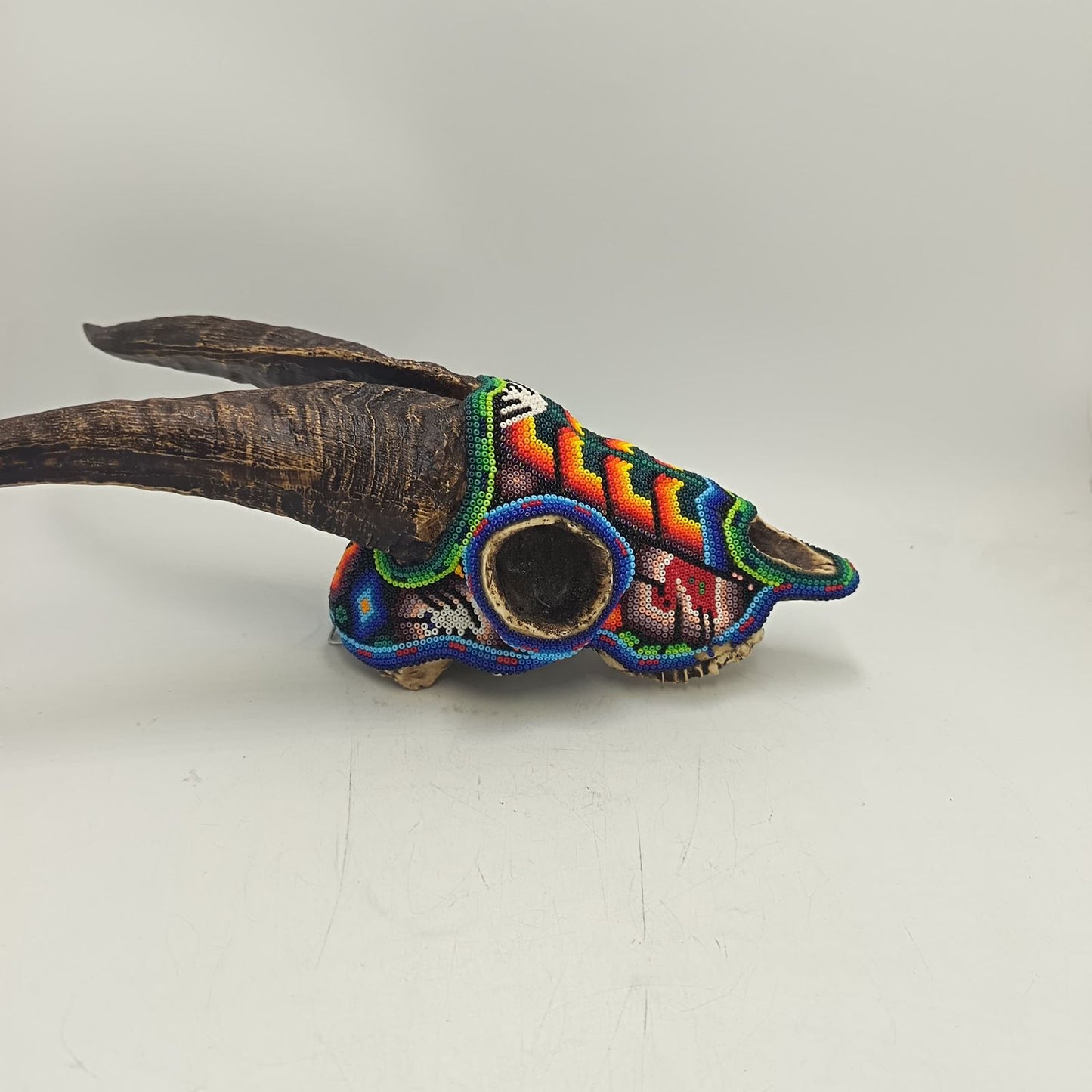 Huichol Hand Beaded Cast Resin Goat Skull By Honorio Villa Lopez PP9267