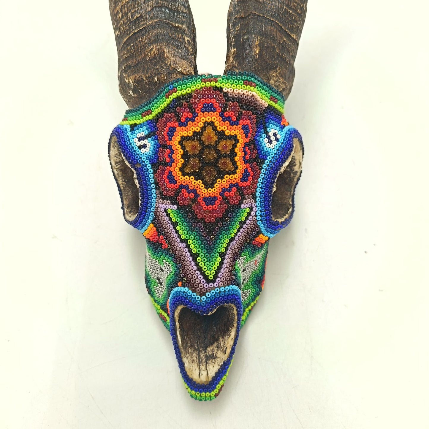Huichol Hand Beaded Cast Resin Goat Skull By Honorio Villa Lopez PP9268