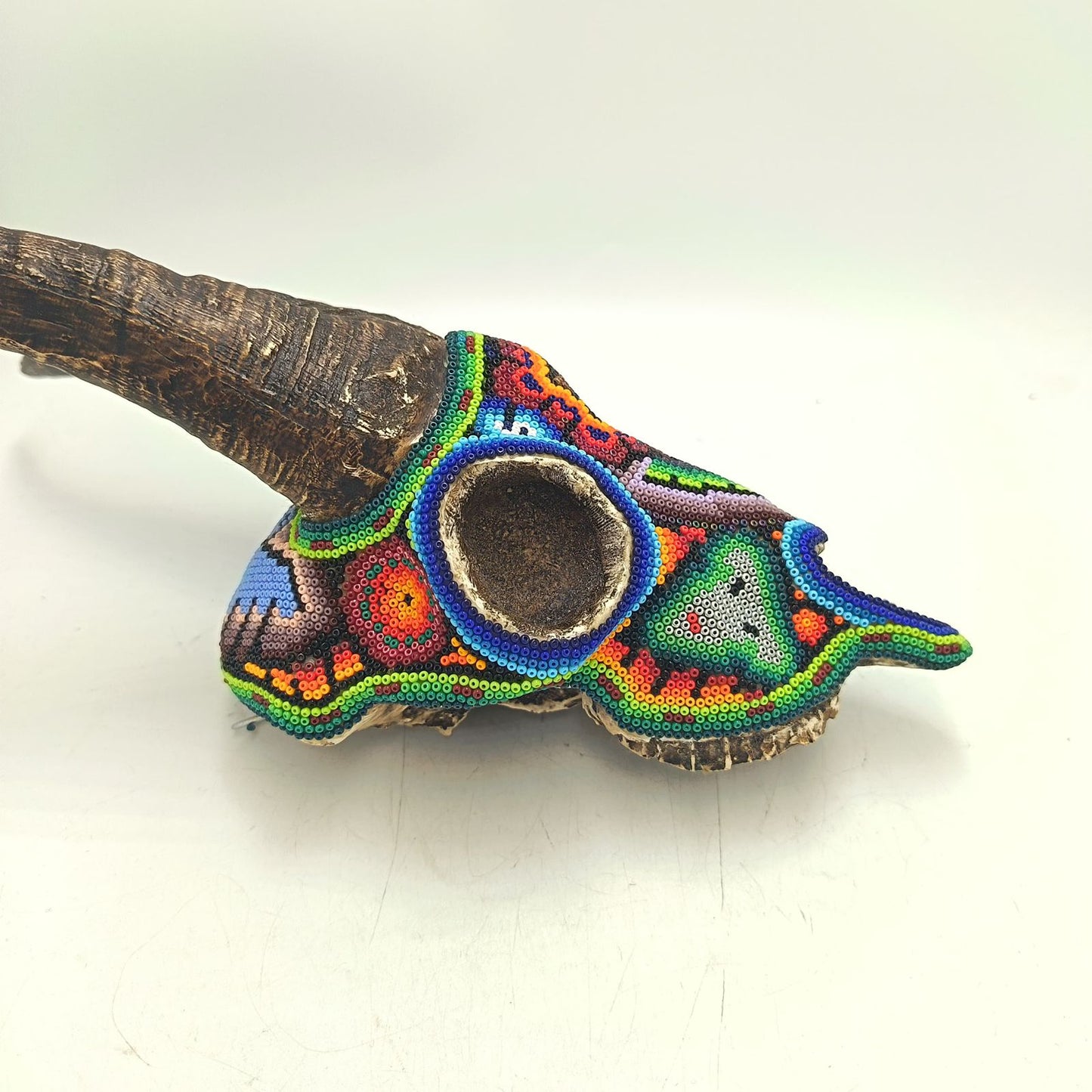 Huichol Hand Beaded Cast Resin Goat Skull By Honorio Villa Lopez PP9268