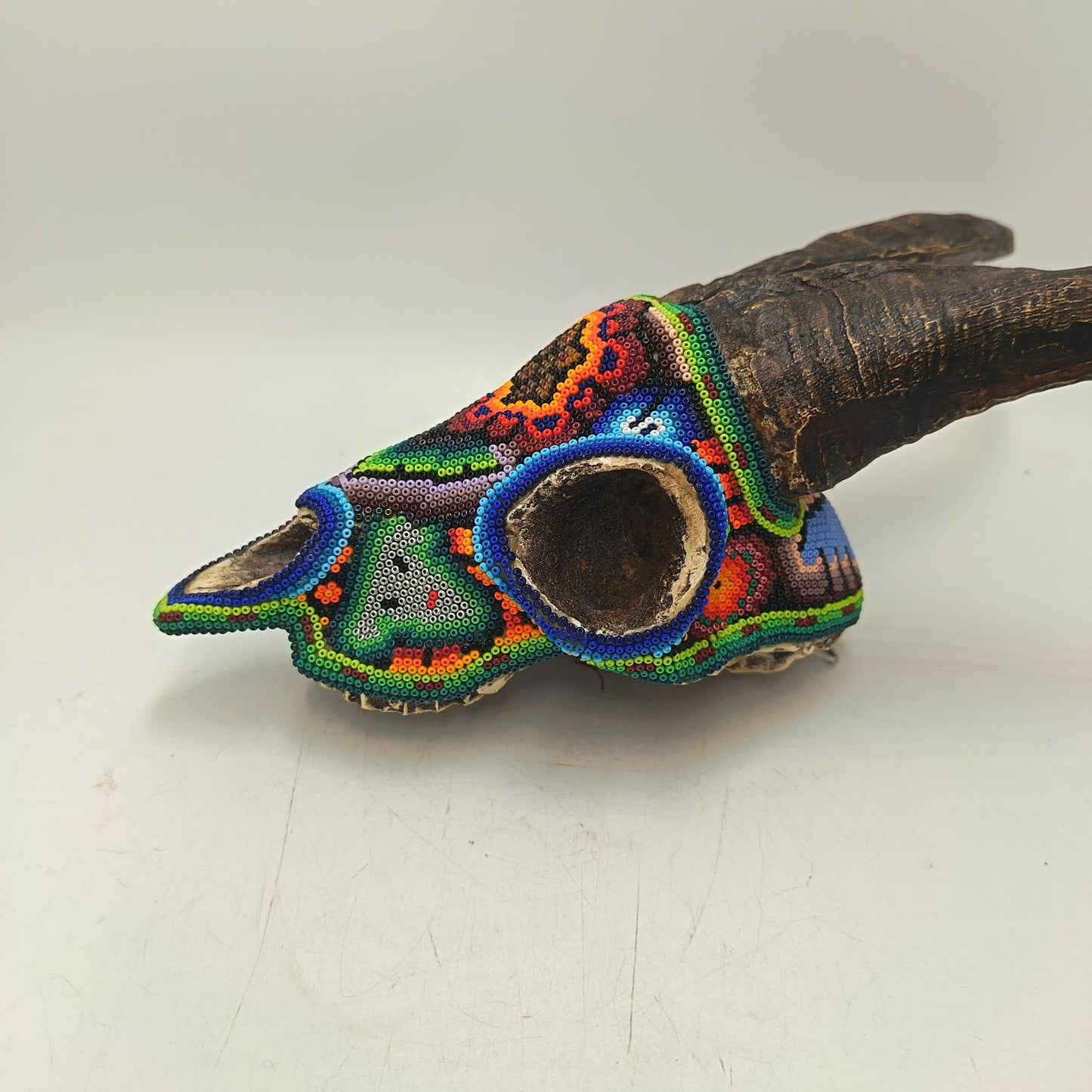 Huichol Hand Beaded Cast Resin Goat Skull By Honorio Villa Lopez PP9268