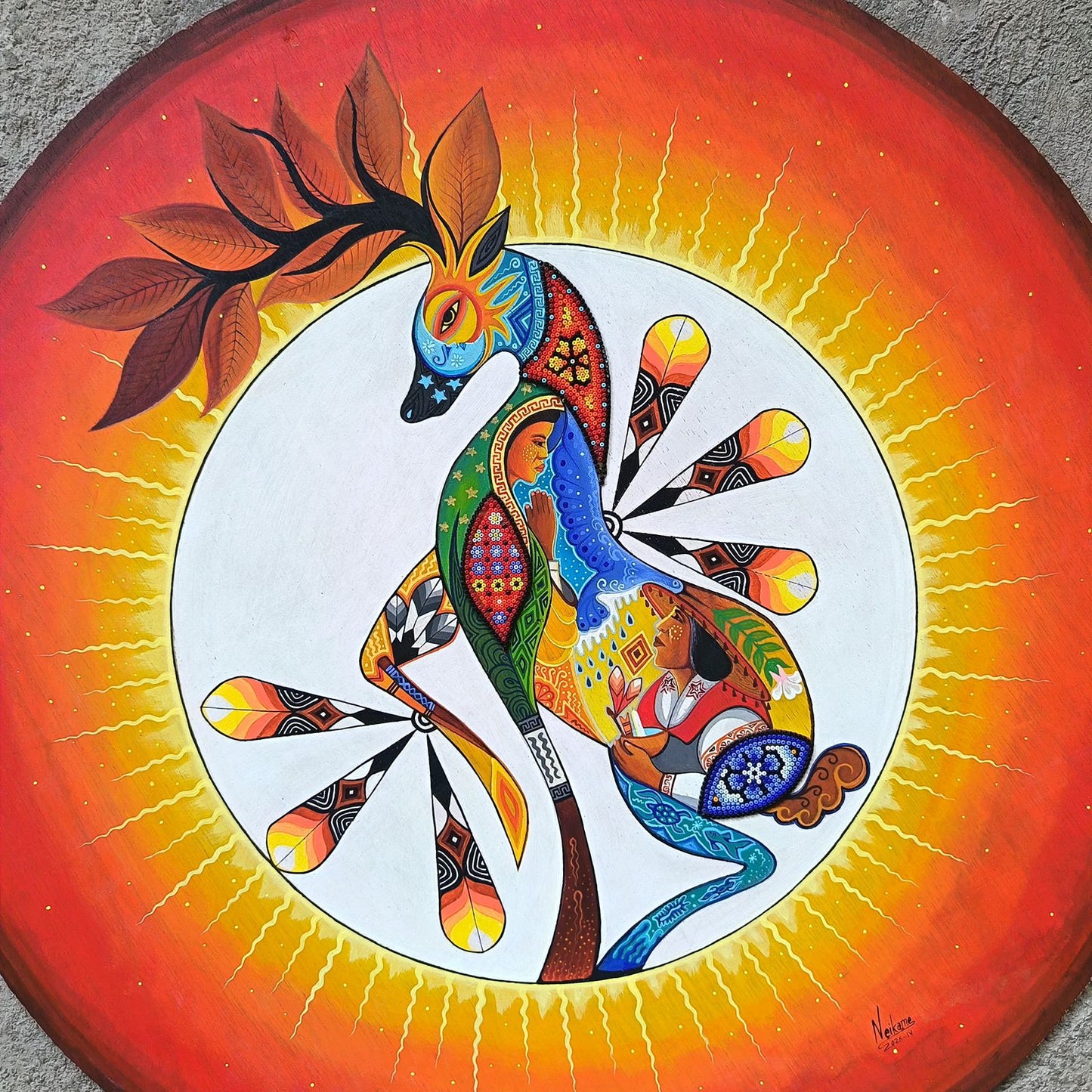 Huichol Mexican Folk Art Yarn Painting by Neikame PP9293