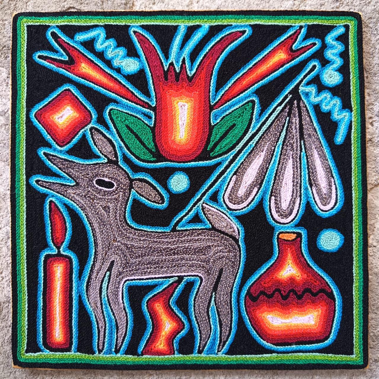 Mexican Folk Art Huichol Yarn Painting by Cooperativa Zitacua PP9308 Oaxaca