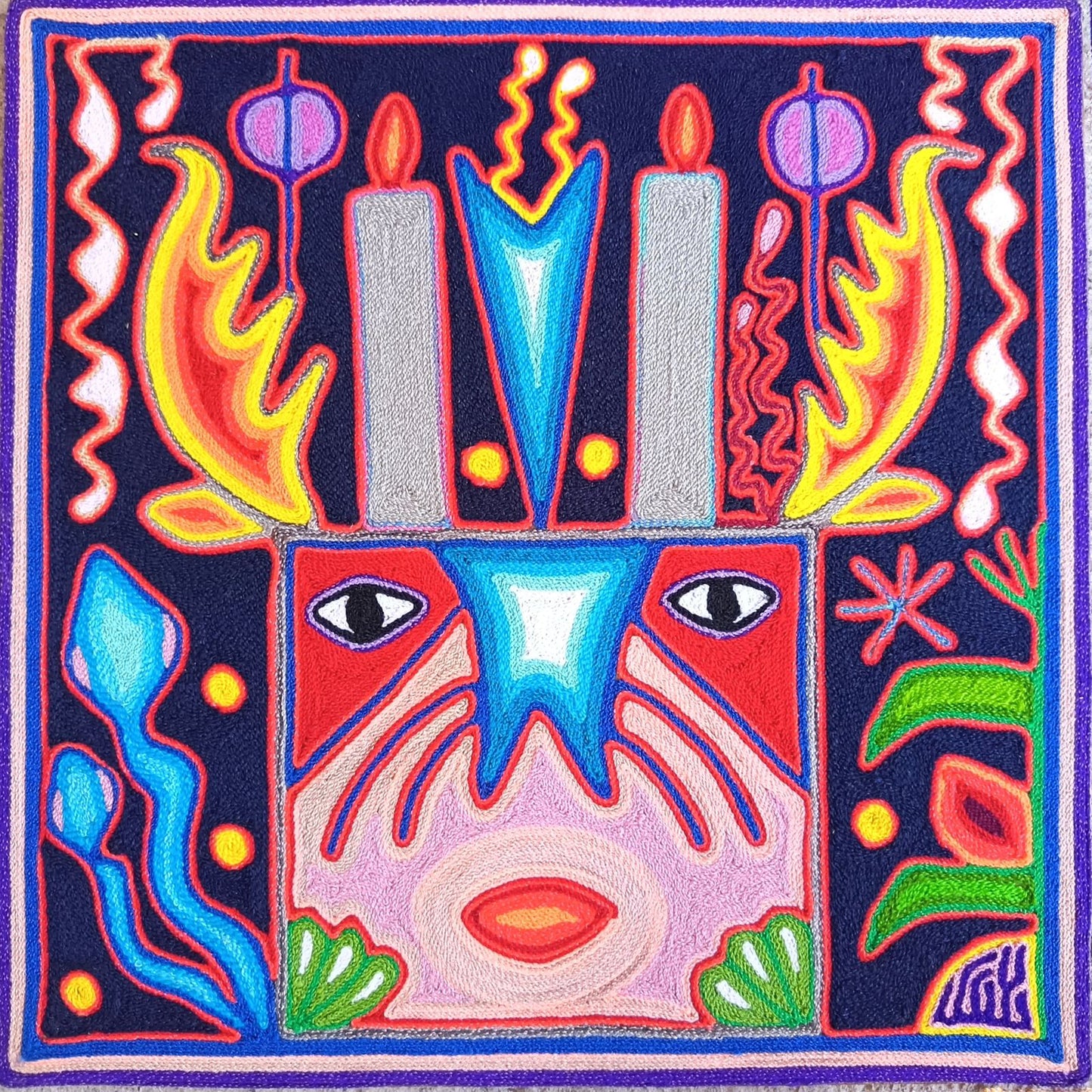 Mexican Folk Art Huichol Yarn Painting by Cooperativa Zitacua PP9303 Oaxaca