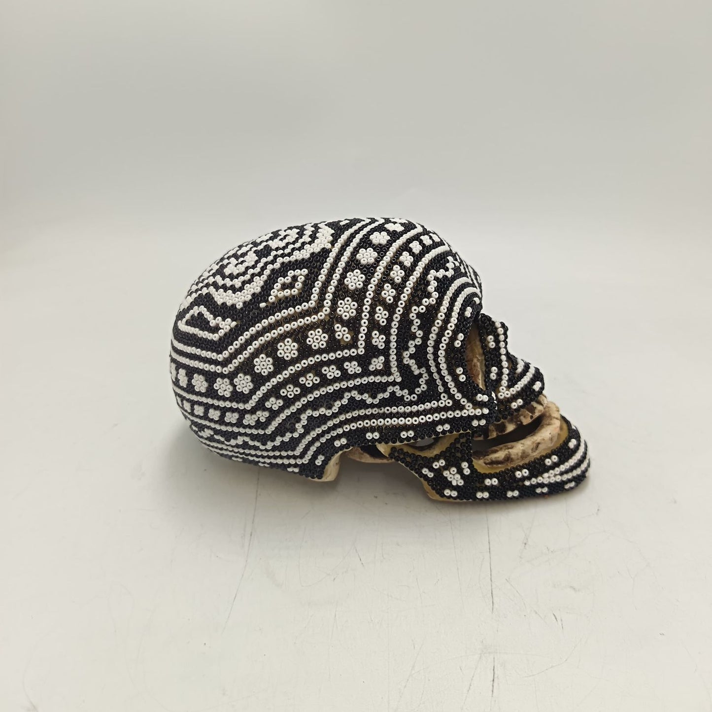 Huichol Hand Beaded Cast Resin Human Skull By Santos Bautista PP9337