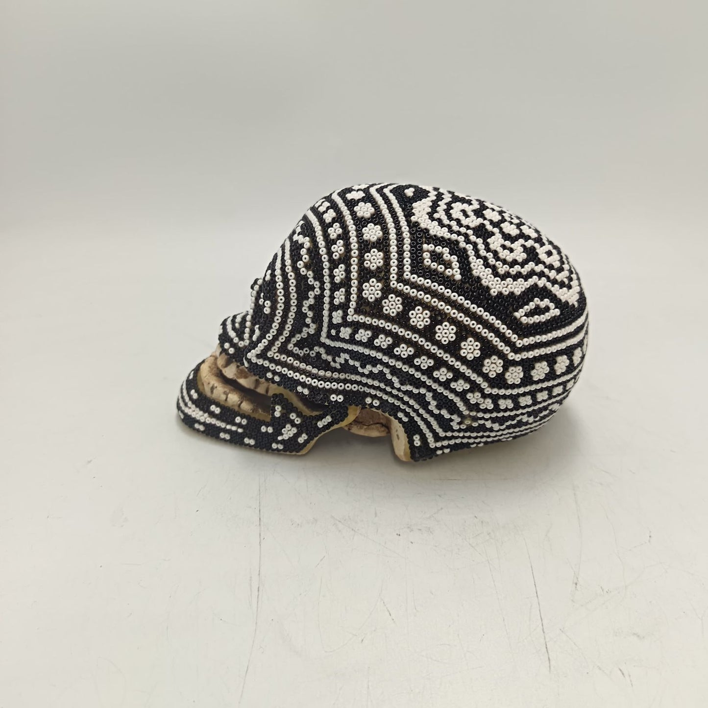 Huichol Hand Beaded Cast Resin Human Skull By Santos Bautista PP9337
