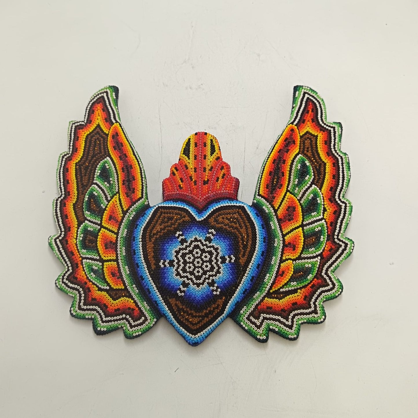 Huichol Hand Beaded Mexican Folk Art Heart with Wings By Santos Bautista PP9338