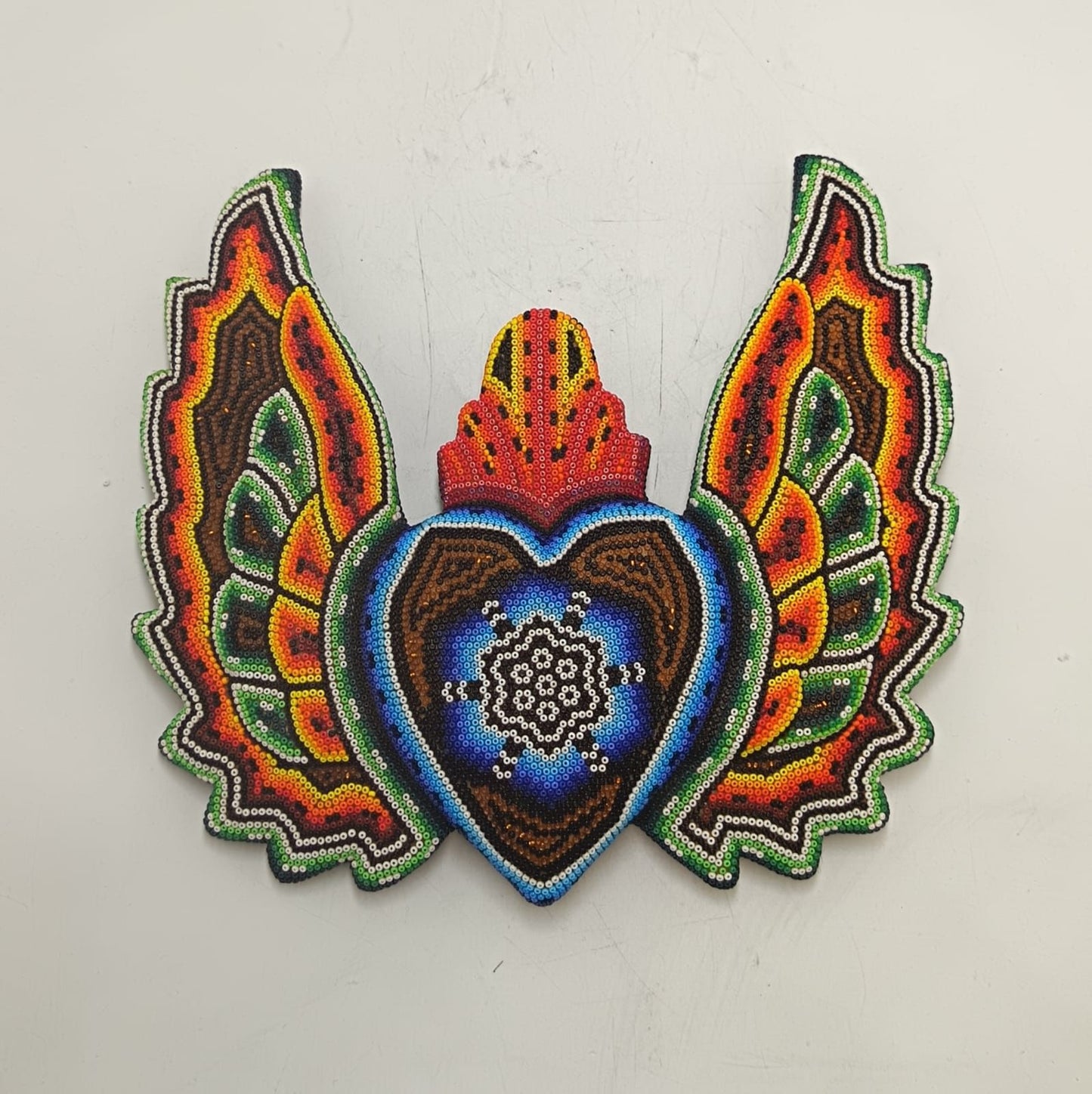 Huichol Hand Beaded Mexican Folk Art Heart with Wings By Santos Bautista PP9338