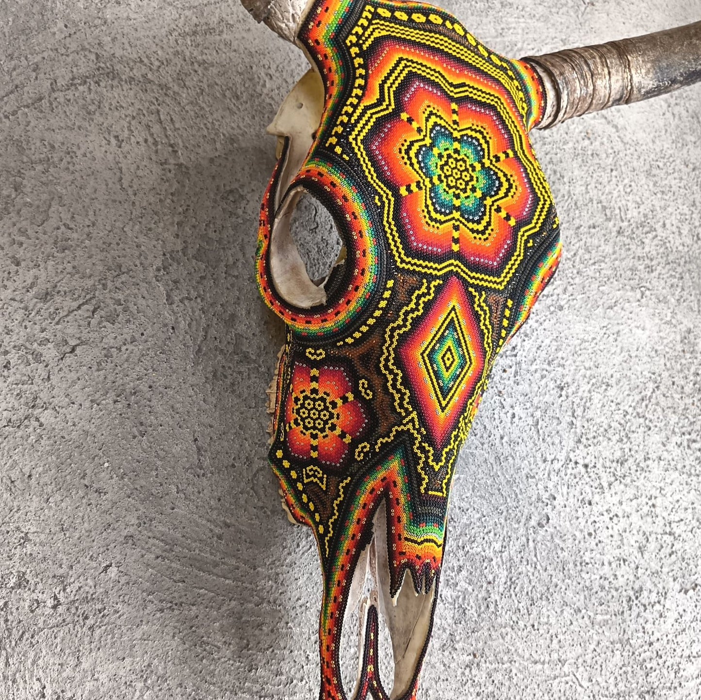 Huichol Indian Hand Beaded Bull Skull By Santos Bautista PP9344