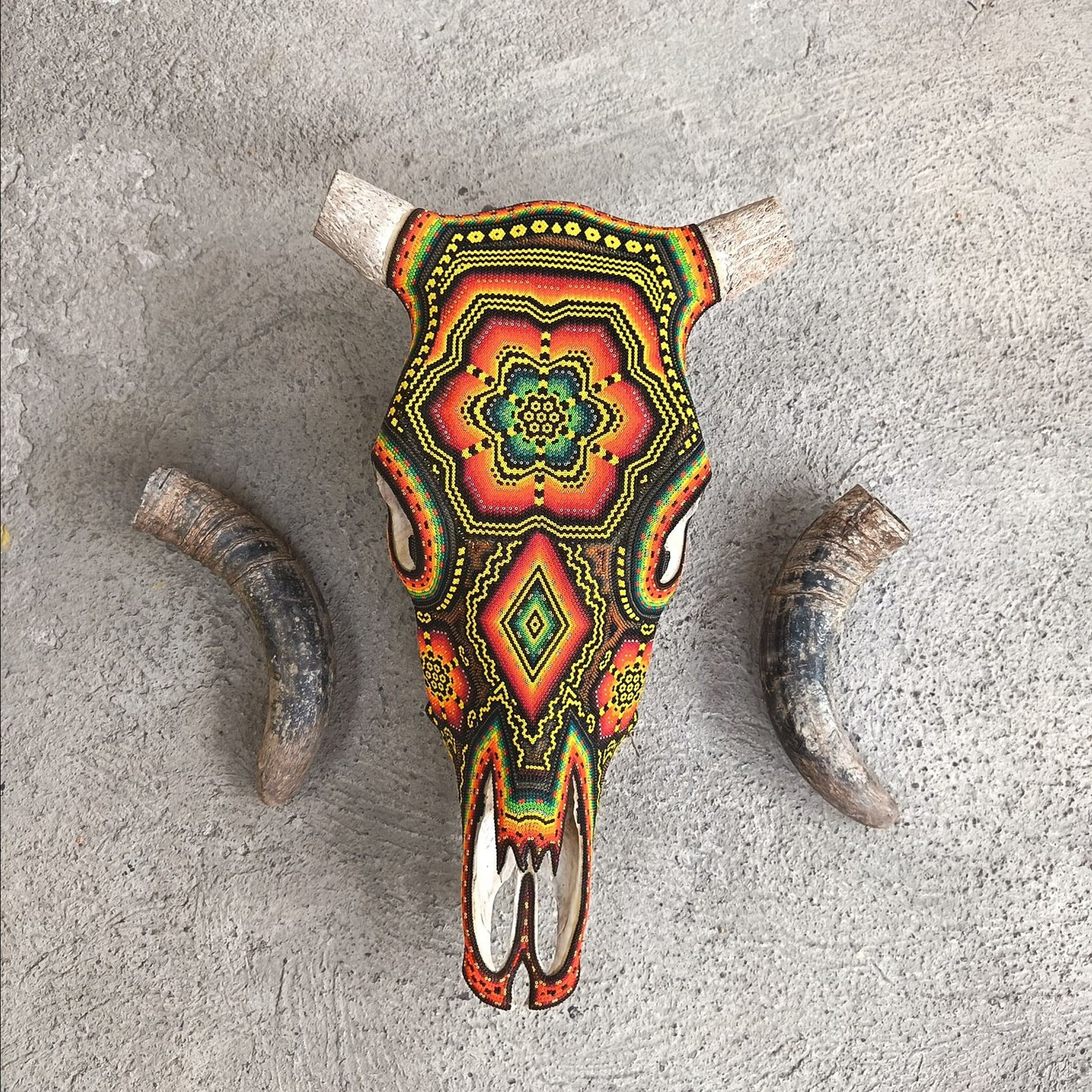Huichol Indian Hand Beaded Bull Skull By Santos Bautista PP9344