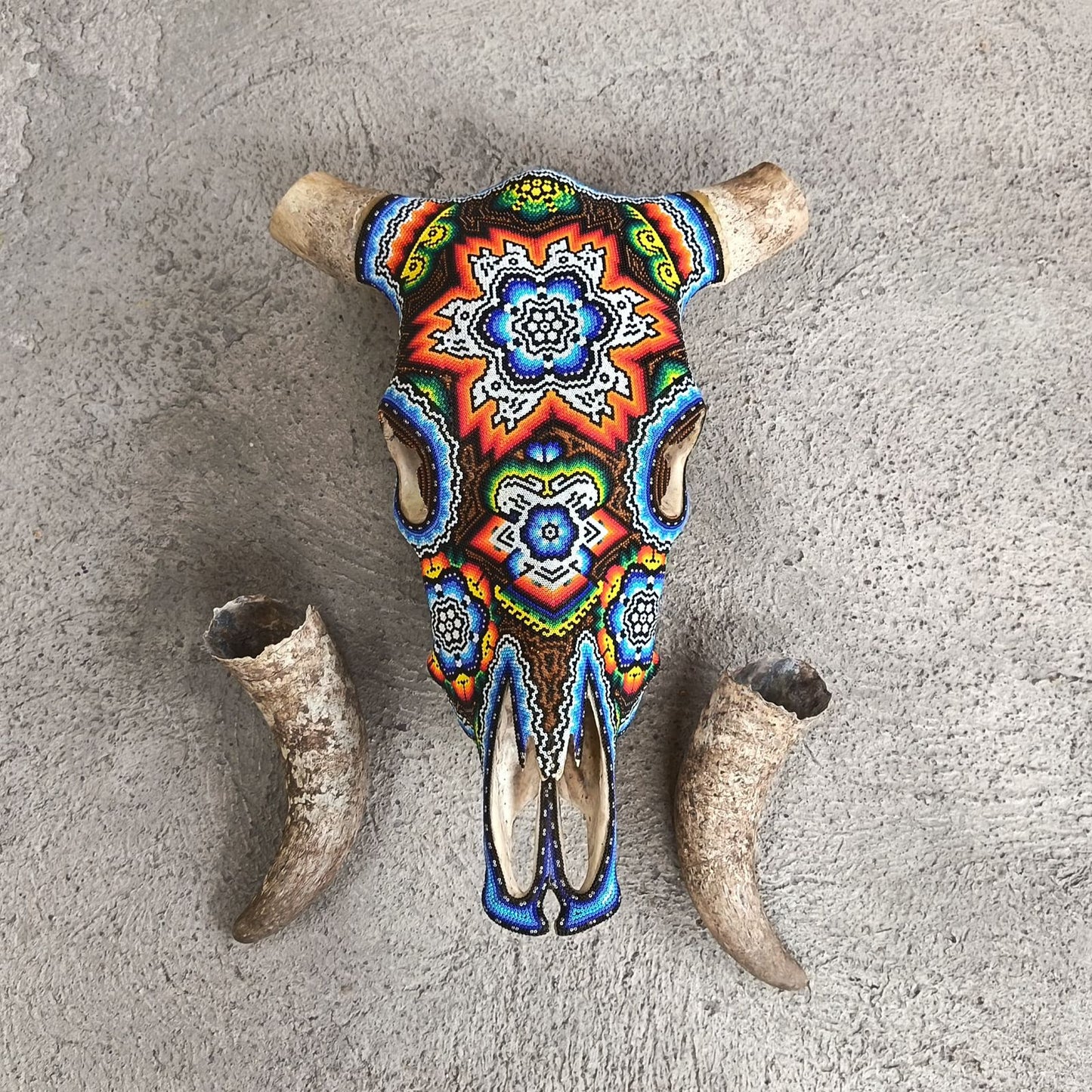 Huichol Indian Hand Beaded Bull Skull By Santos Bautista PP9345