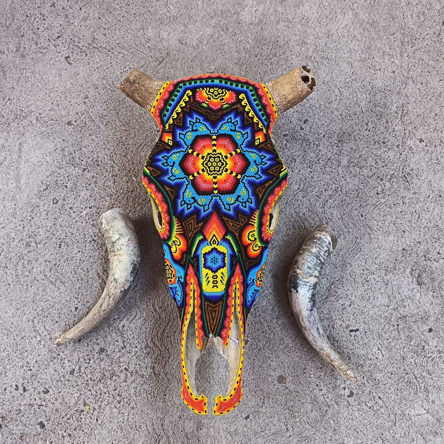 Huichol Indian Hand Beaded Bull Skull By Santos Bautista PP9346