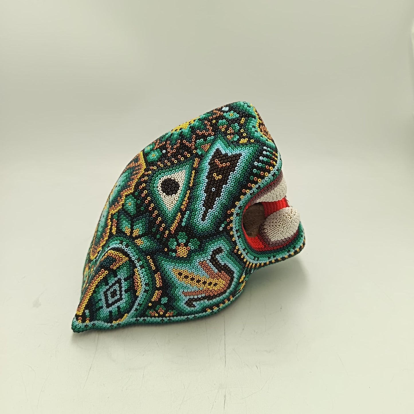 Huichol Mexican Hand Beaded Jaguar Head By Isandro Villa Lopez PP9385