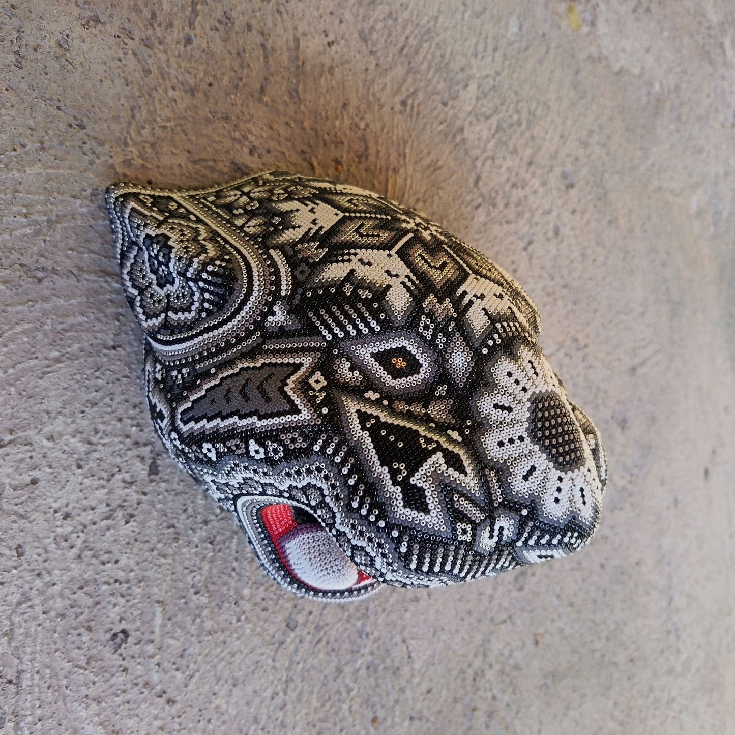 Huichol Mexican Hand Beaded Jaguar Head By Isandro Villa Lopez PP9386