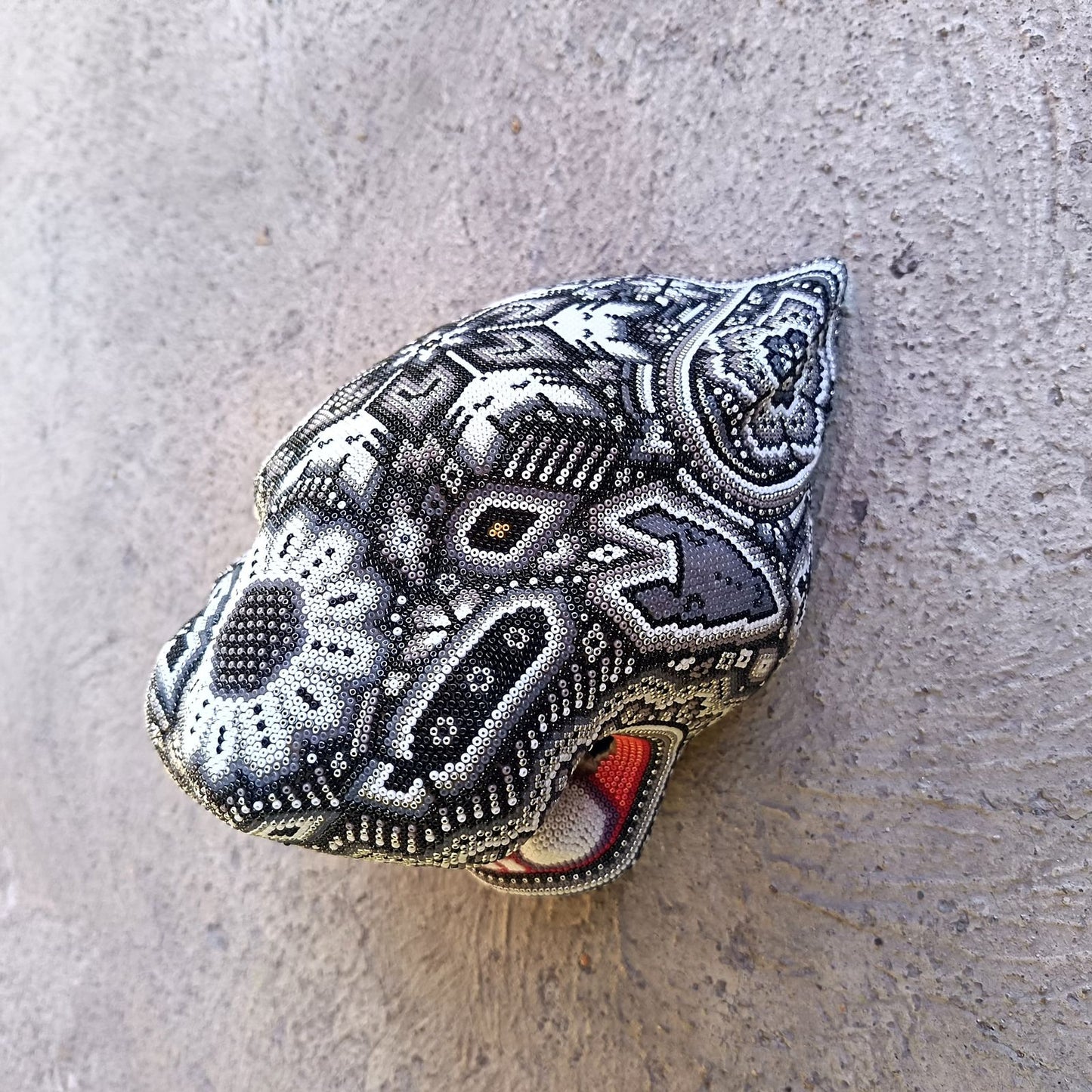Huichol Mexican Hand Beaded Jaguar Head By Isandro Villa Lopez PP9386