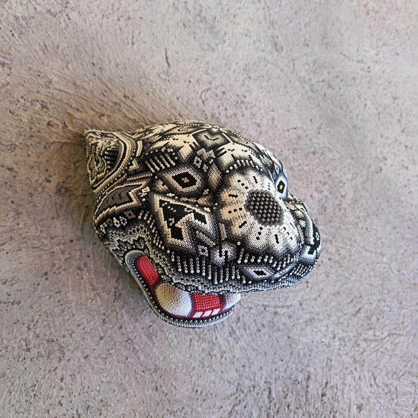 Huichol Mexican Hand Beaded Jaguar Head By Isandro Villa Lopez PP9386
