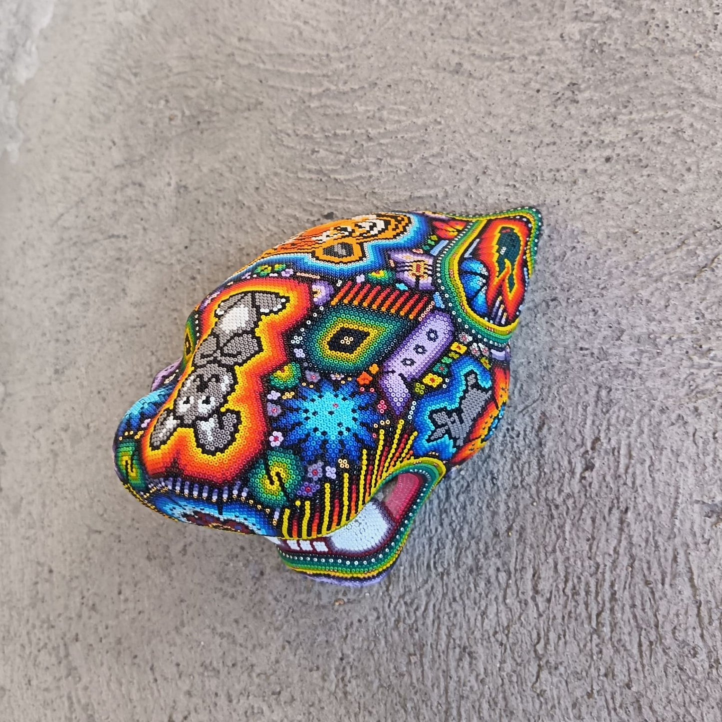 Huichol Mexican Hand Beaded Jaguar Head By Isandro Villa Lopez PP9387
