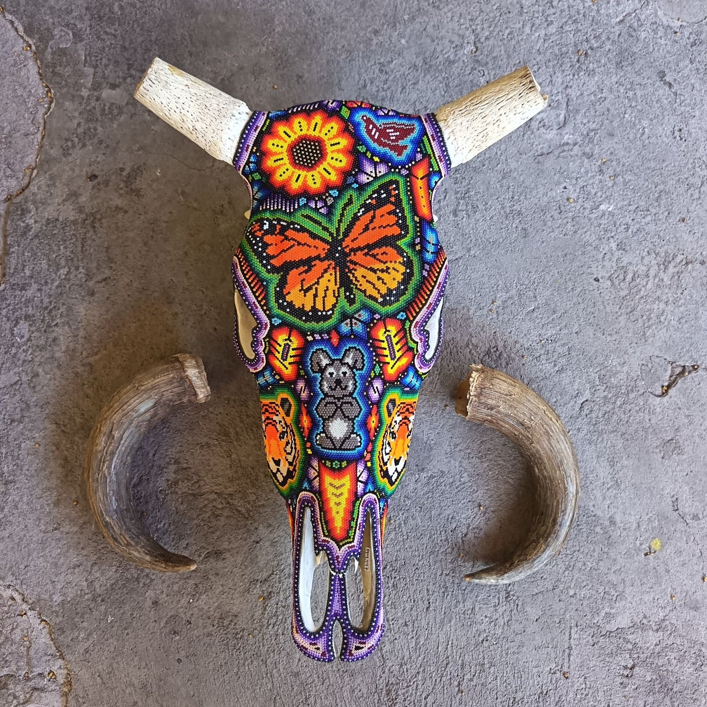 Mexican Folk Art Huichol Hand Beaded Bull Skull By Isandro Villa Lopez PP9397