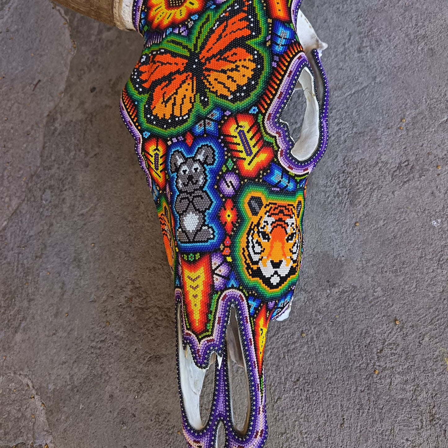 Mexican Folk Art Huichol Hand Beaded Bull Skull By Isandro Villa Lopez PP9397