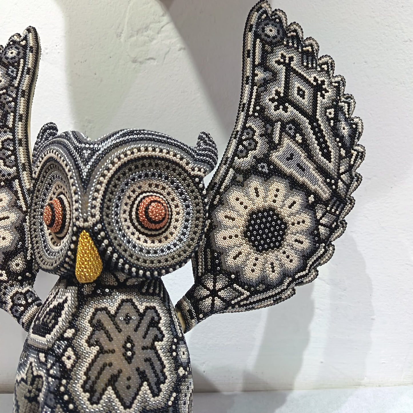 Mexican Huichol Hand Beaded Art, Owl By Isandro Villa Lopez PP9395