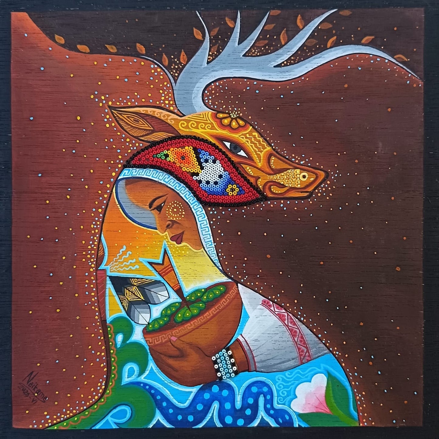 Huichol Mexican Folk Art Yarn Painting by Neikame PP9401