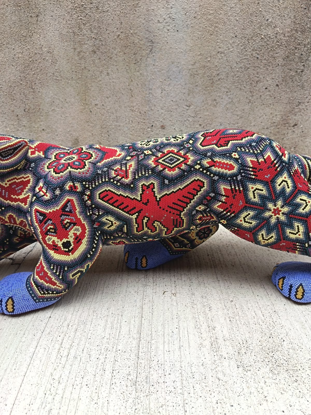 Mexican Huichol Hand Beaded Art, Jaguar By Isandro Villa Lopez PP9396