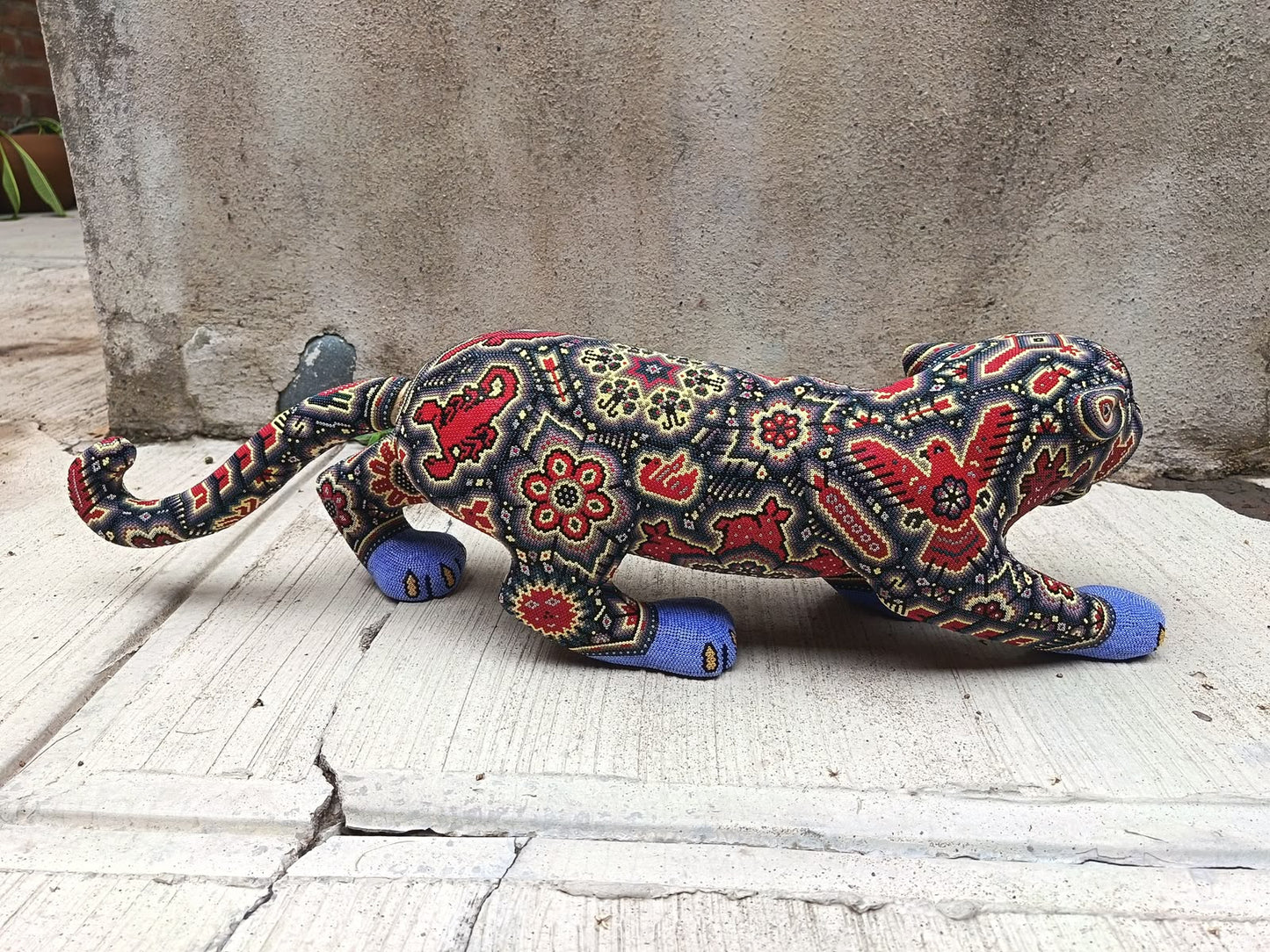 Mexican Huichol Hand Beaded Art, Jaguar By Isandro Villa Lopez PP9396