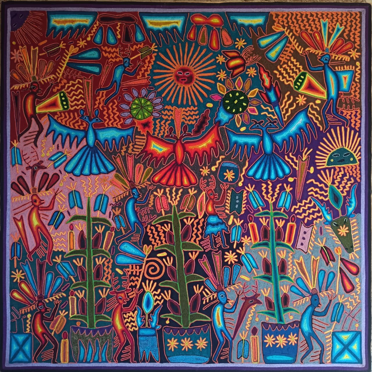 Mexican Folk Art Huichol Yarn Painting by Cooperativa Zitacua PP9436 Oaxaca
