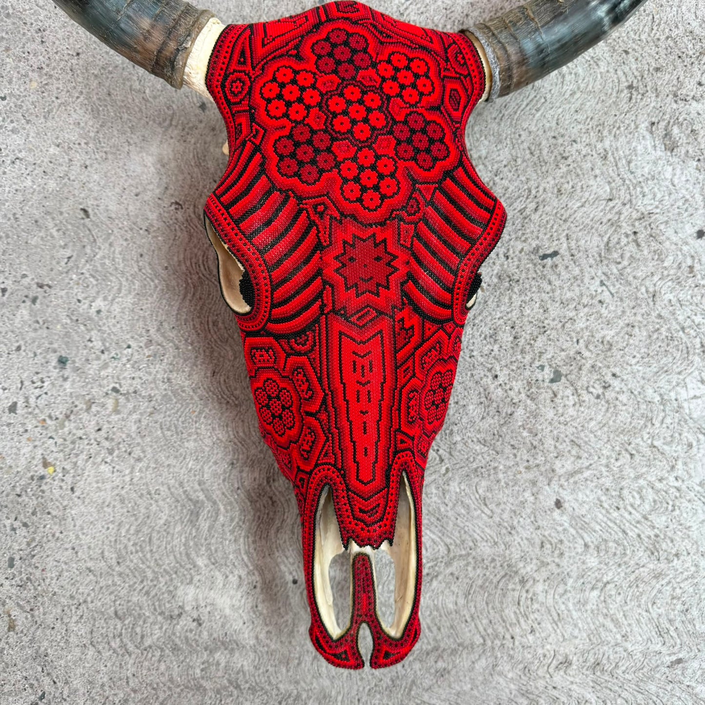 Huichol Bead Art Mexican Folk Art,  Bull Skull By Mayola Villa Lopez PP9480