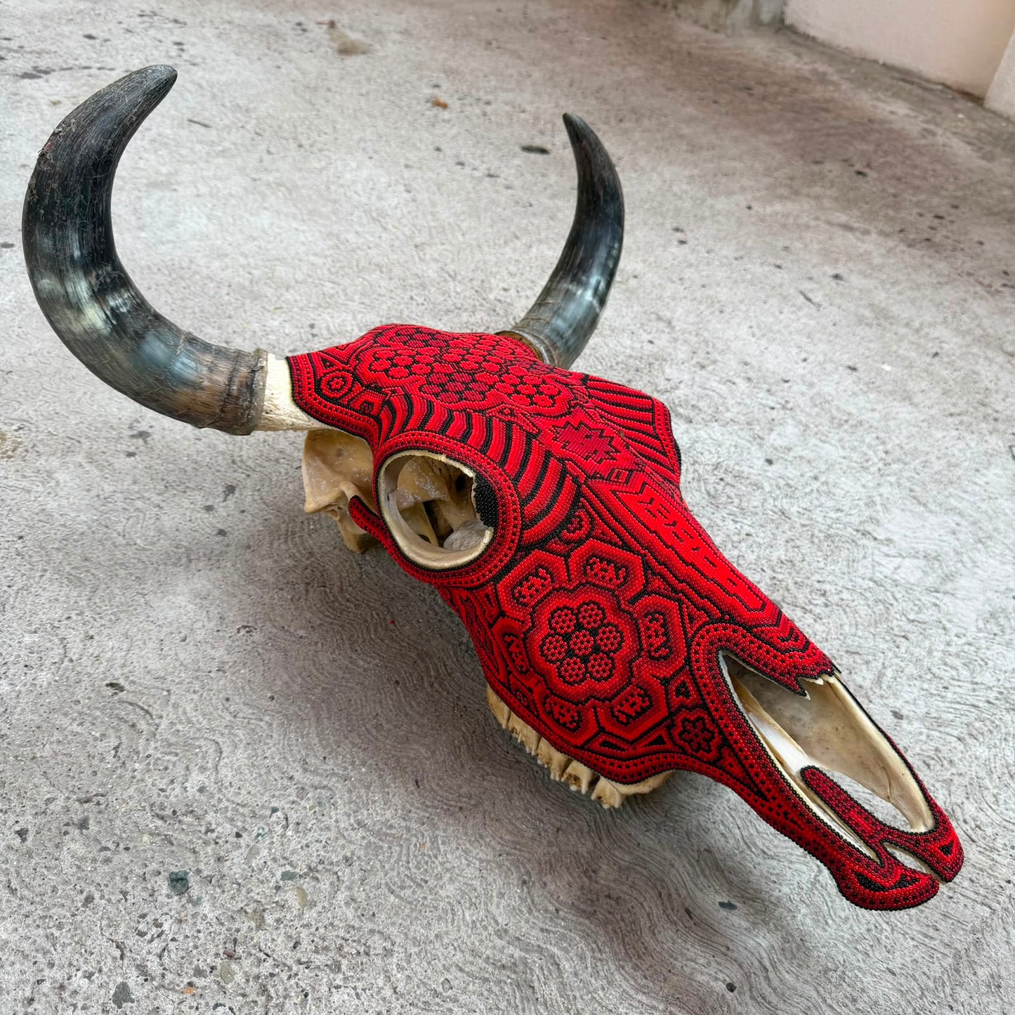 Huichol Bead Art Mexican Folk Art,  Bull Skull By Mayola Villa Lopez PP9480