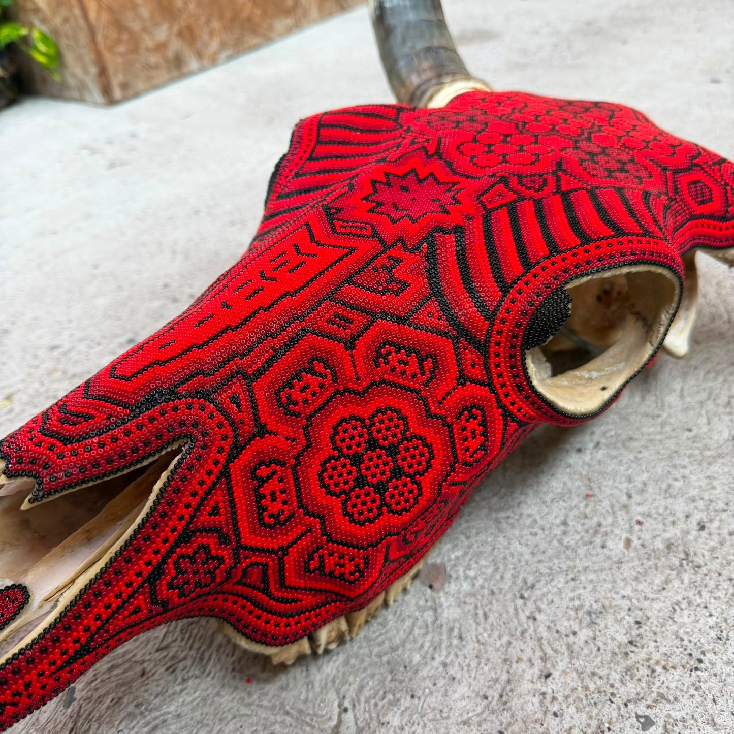Huichol Bead Art Mexican Folk Art,  Bull Skull By Mayola Villa Lopez PP9480