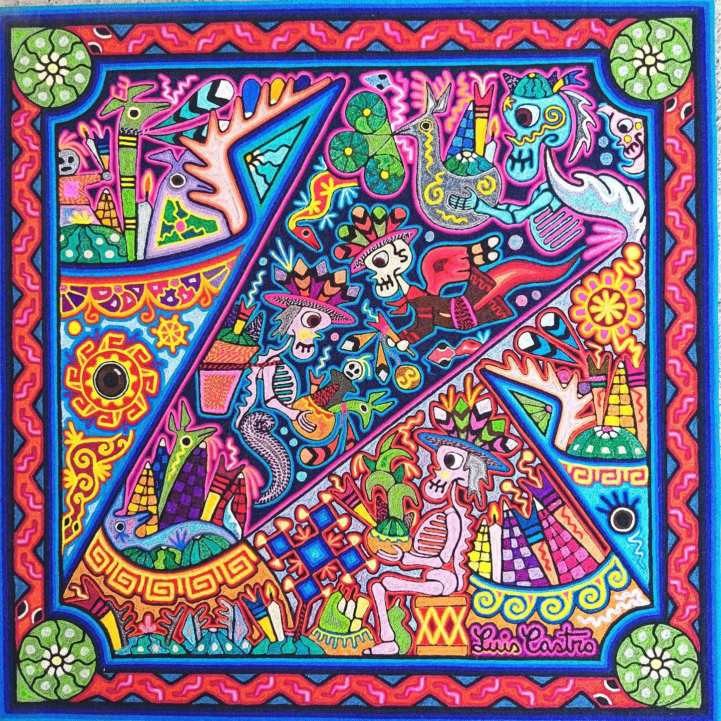 Mexican Folk Art Huichol Indian Yarn Painting by Luis Castro PP9481