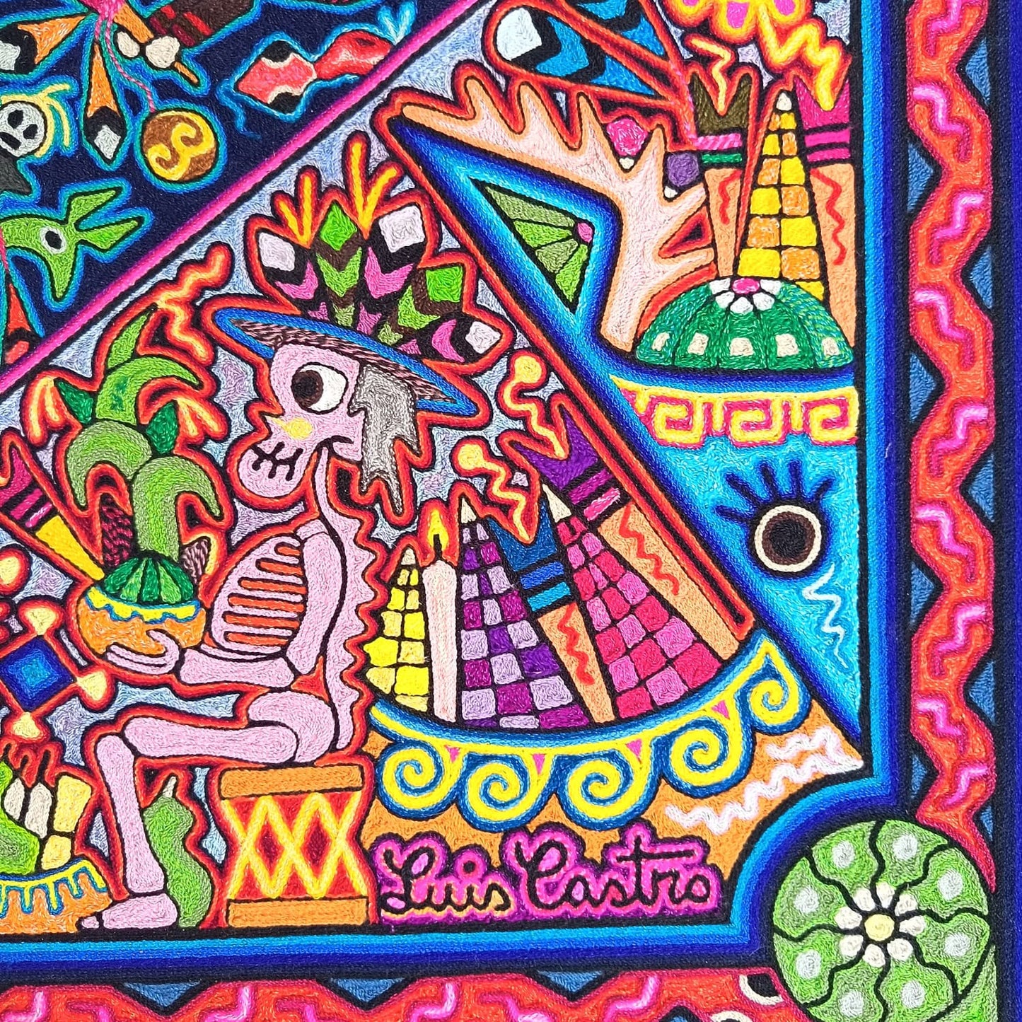 Mexican Folk Art Huichol Indian Yarn Painting by Luis Castro PP9481