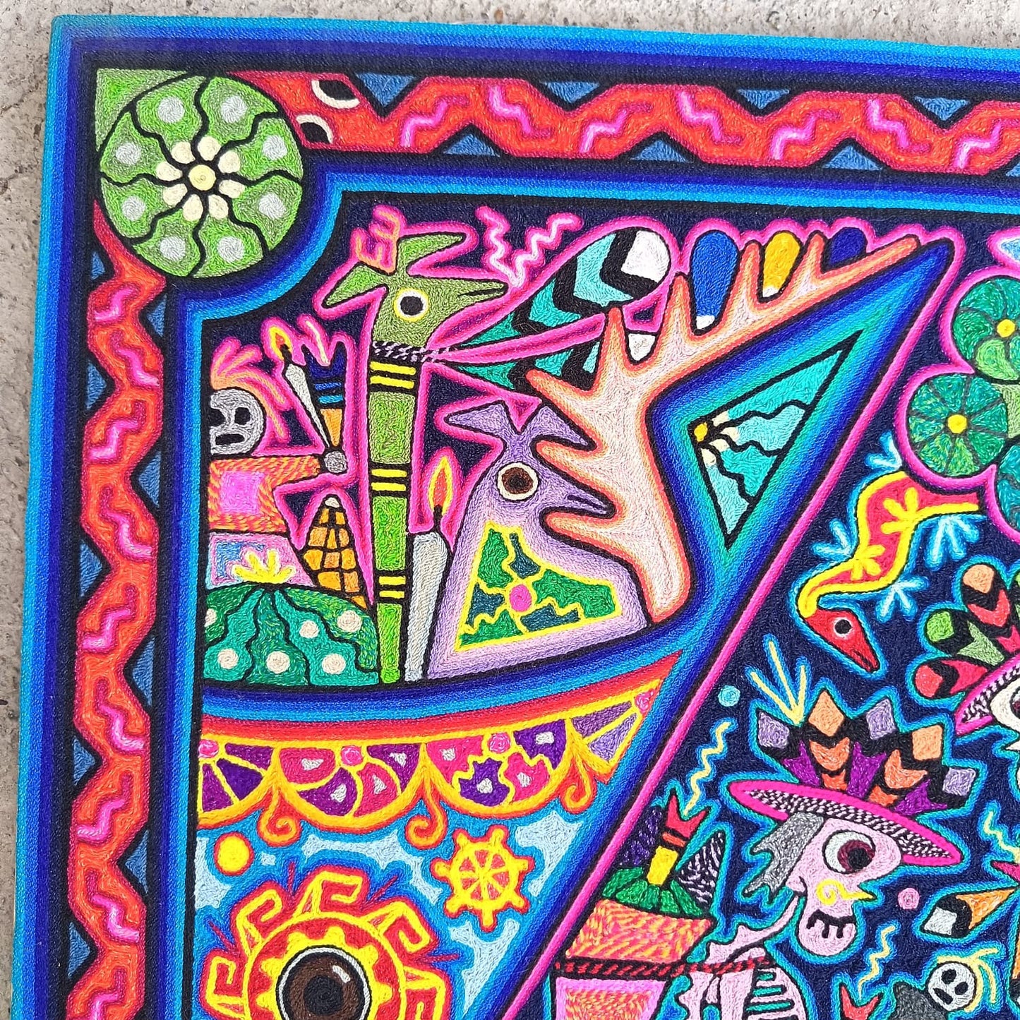 Mexican Folk Art Huichol Indian Yarn Painting by Luis Castro PP9481