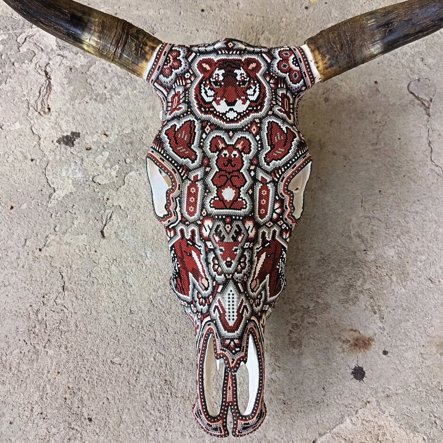 Mexican Folk Art Huichol Hand Beaded Bull Skull By Isandro Villa Lopez PP9509