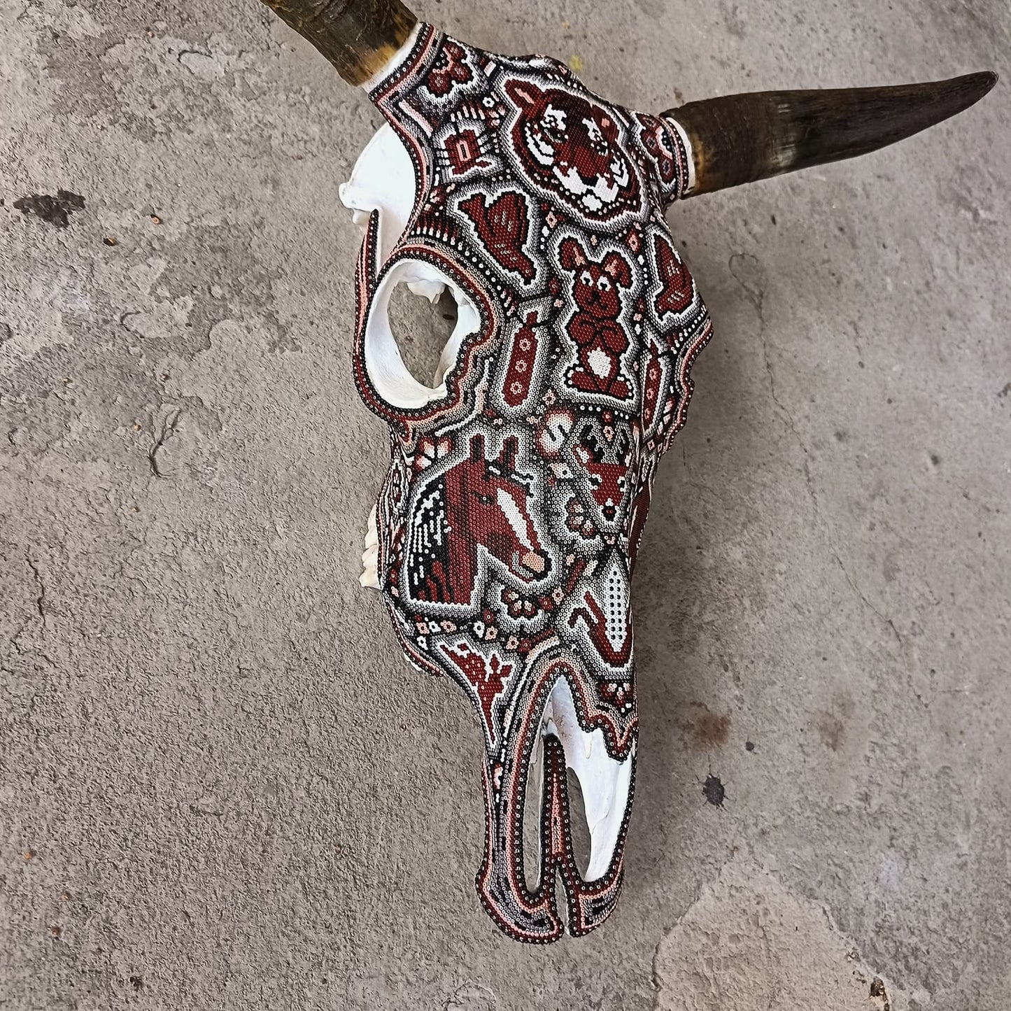 Mexican Folk Art Huichol Hand Beaded Bull Skull By Isandro Villa Lopez PP9509