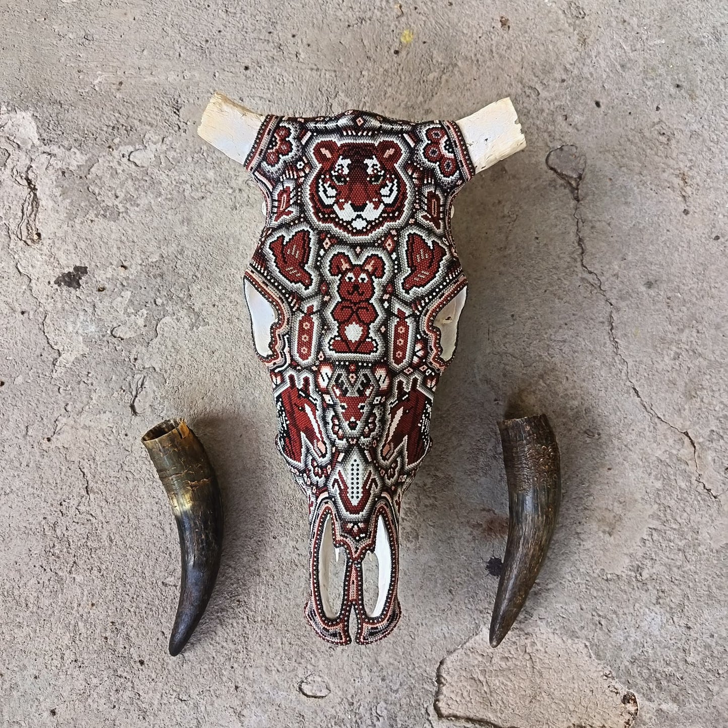 Mexican Folk Art Huichol Hand Beaded Bull Skull By Isandro Villa Lopez PP9509