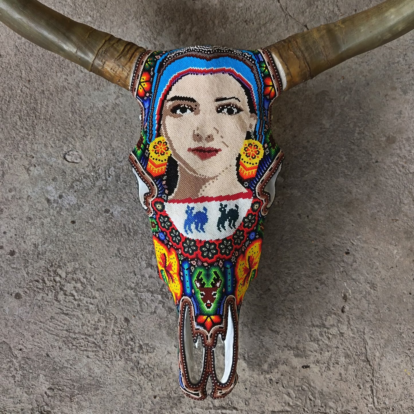 Mexican Folk Art Huichol Hand Beaded Bull Skull By Isandro Villa Lopez PP9511