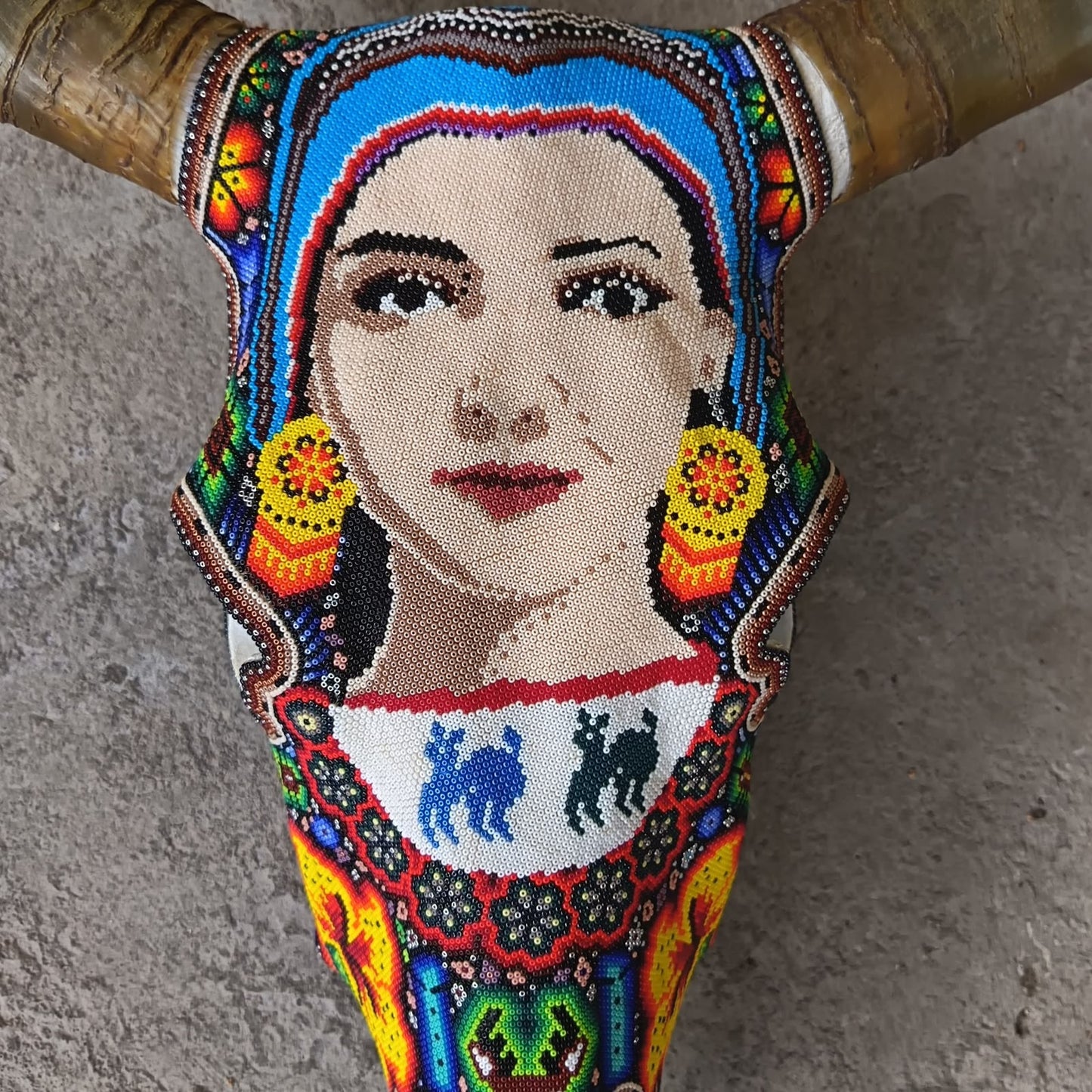 Mexican Folk Art Huichol Hand Beaded Bull Skull By Isandro Villa Lopez PP9511