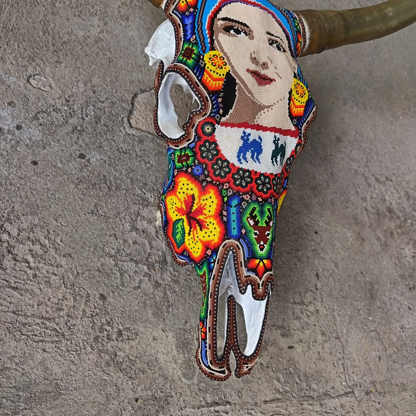 Mexican Folk Art Huichol Hand Beaded Bull Skull By Isandro Villa Lopez PP9511