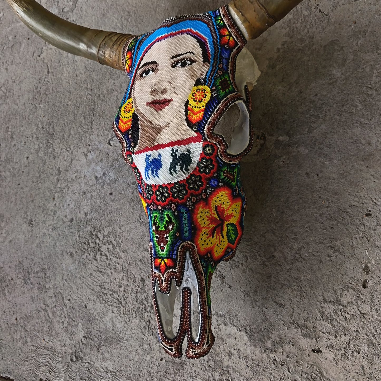 Mexican Folk Art Huichol Hand Beaded Bull Skull By Isandro Villa Lopez PP9511