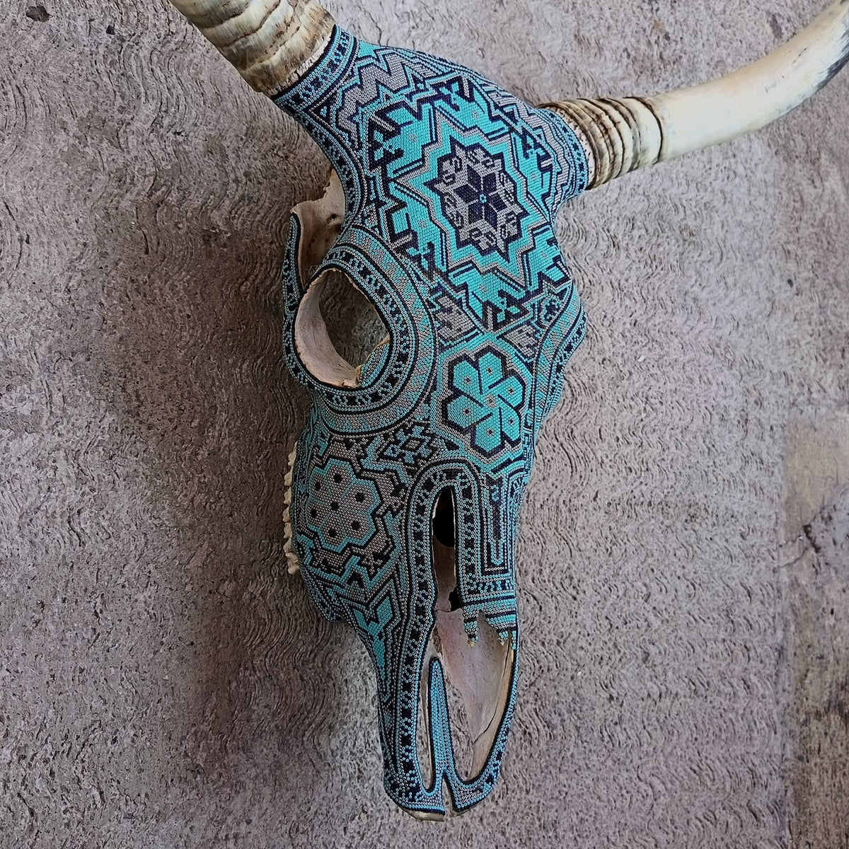 Huichol Indian Hand Beaded Bull Skull By Santos Bautista PP9517