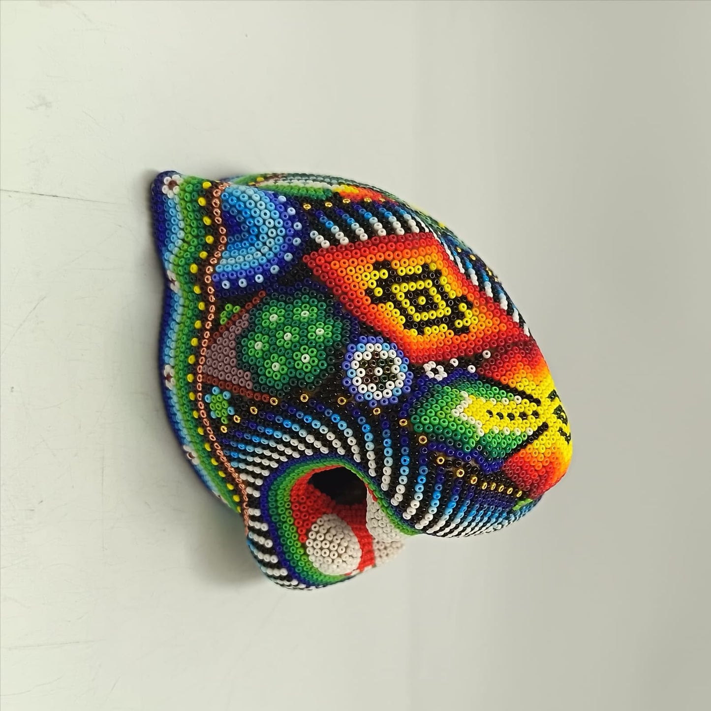Mexican Huichol Hand Beaded Jaguar Head By Santos Bautista PP9520