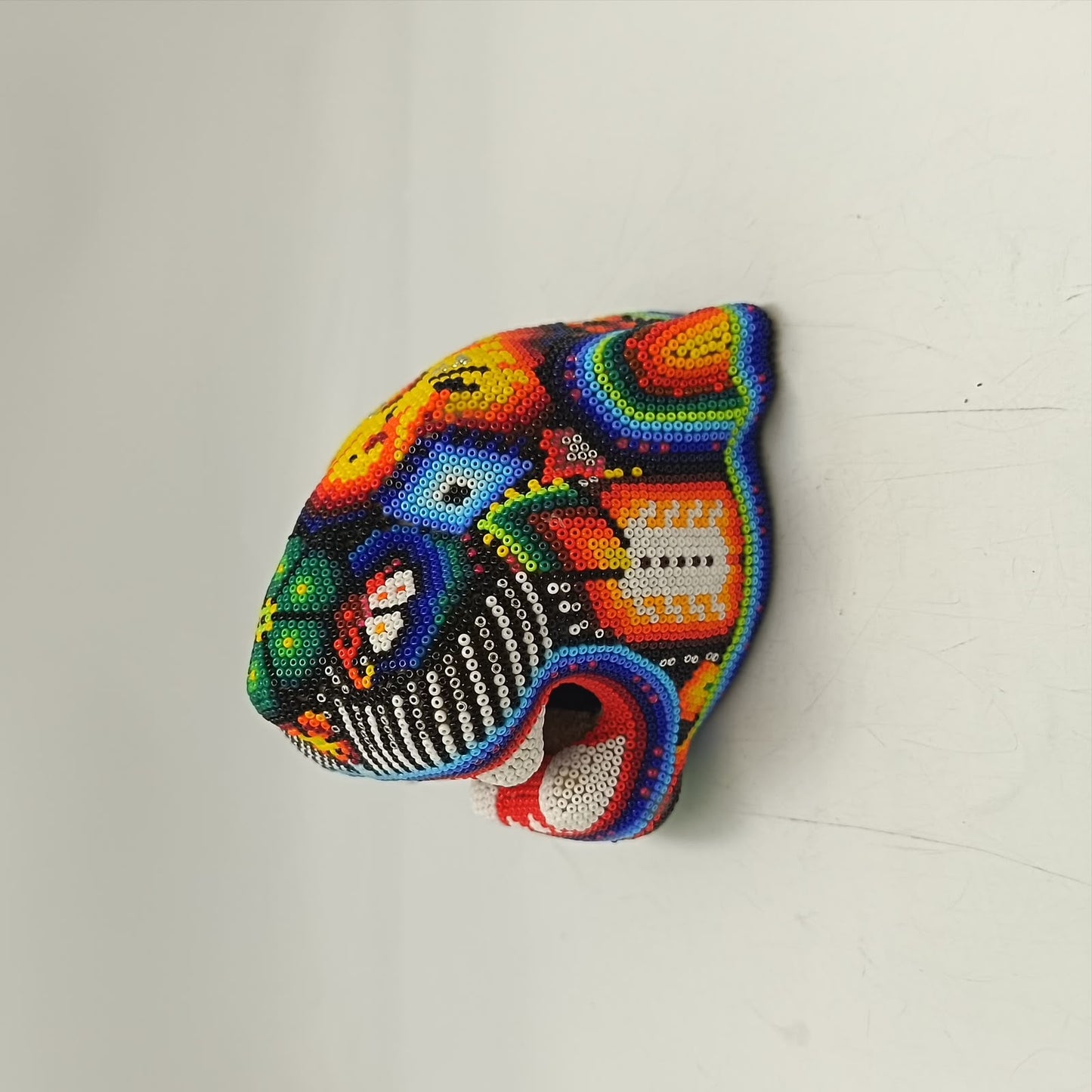 Mexican Huichol Hand Beaded Jaguar Head By Santos Bautista PP9521