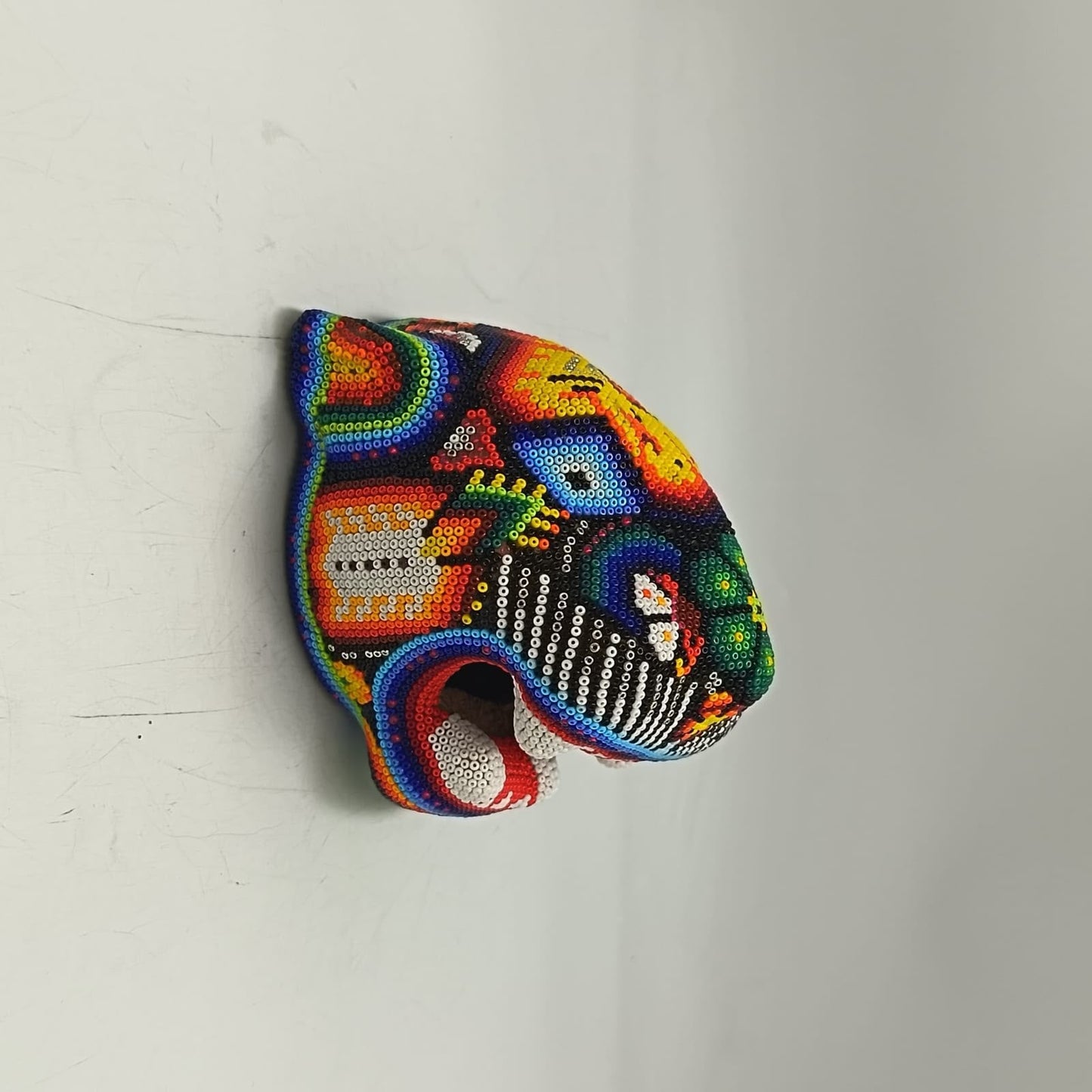 Mexican Huichol Hand Beaded Jaguar Head By Santos Bautista PP9521