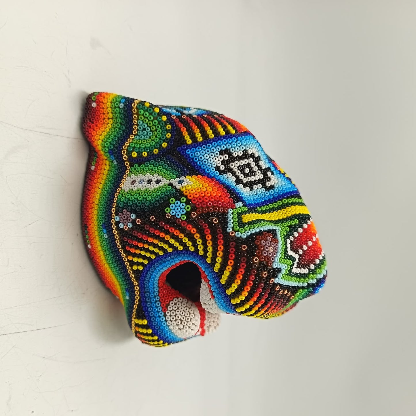 Mexican Huichol Hand Beaded Jaguar Head By Santos Bautista PP9522