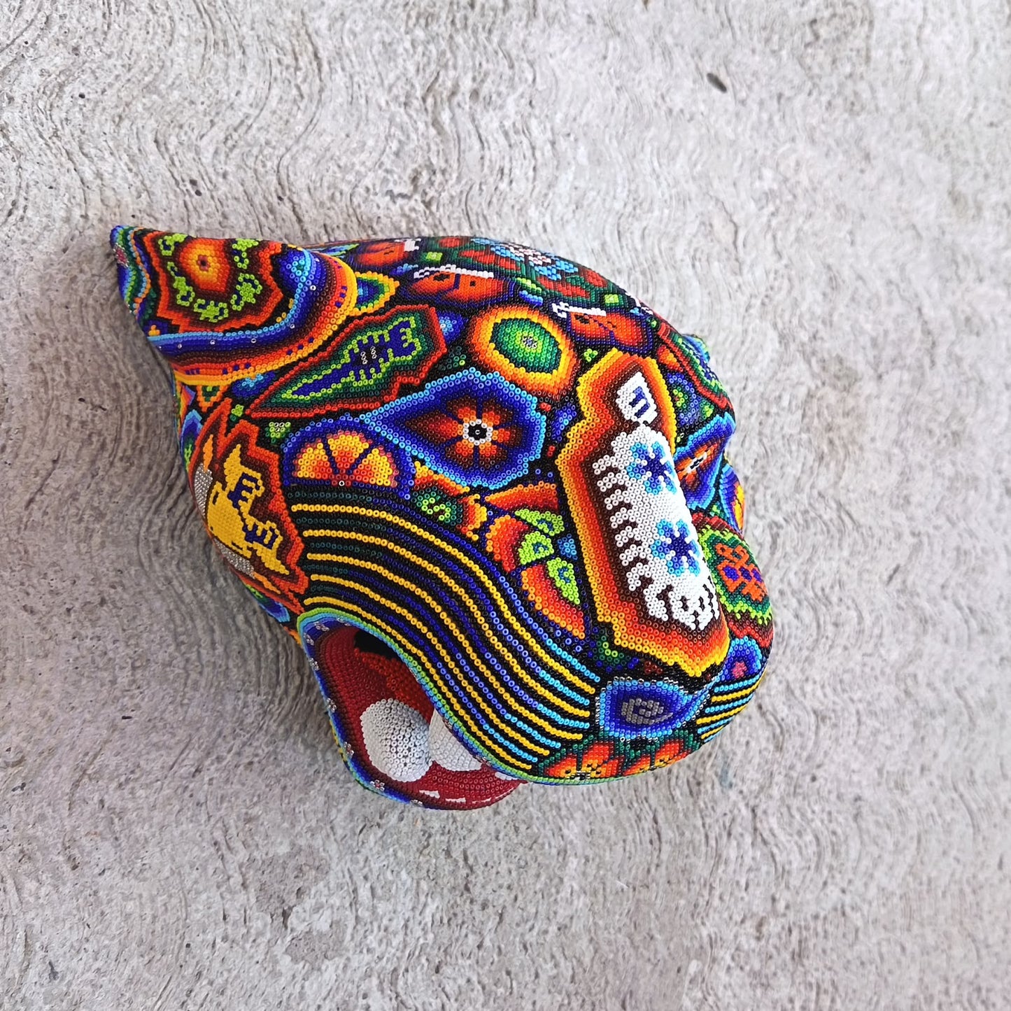 Mexican Huichol Hand Beaded Jaguar Head By Santos Bautista PP9524