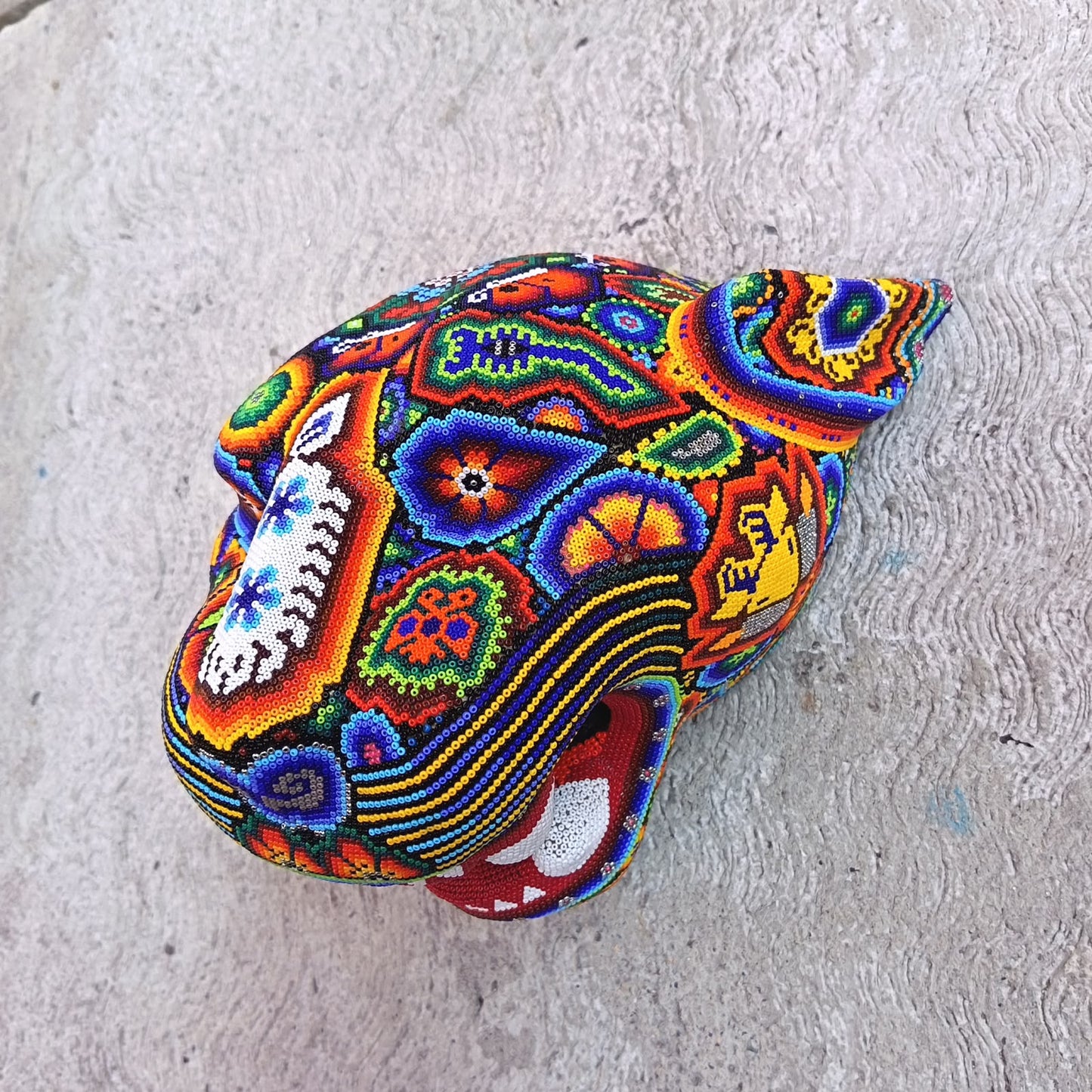 Mexican Huichol Hand Beaded Jaguar Head By Santos Bautista PP9524