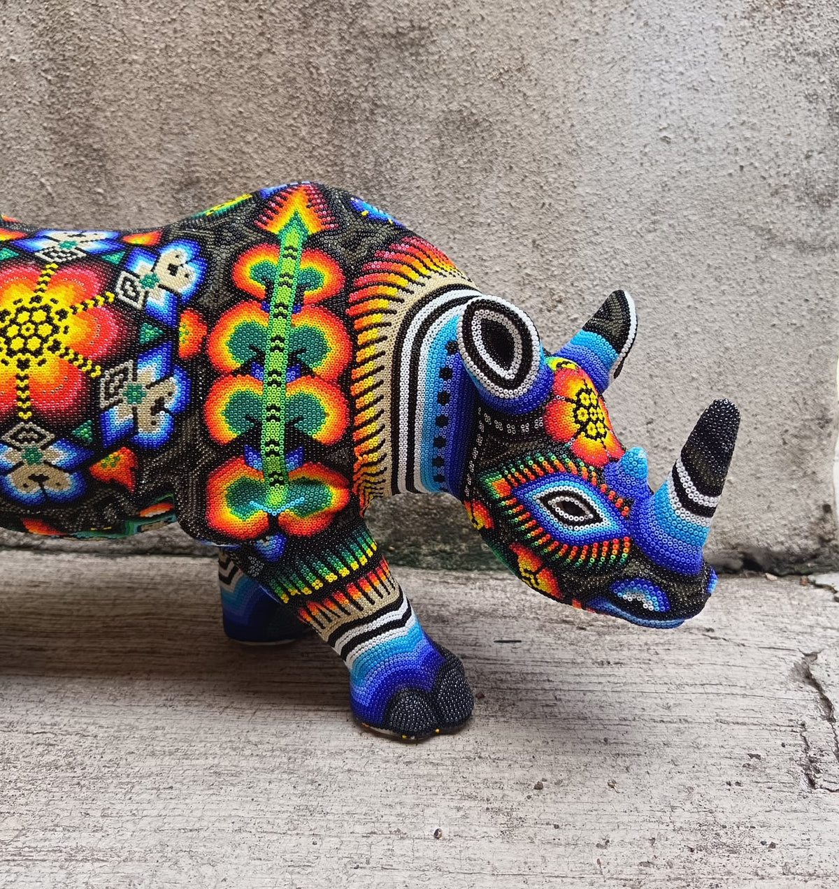 Mexican Folk Art Huichol Beaded Rhinoceros By Santos Bautista PP9527